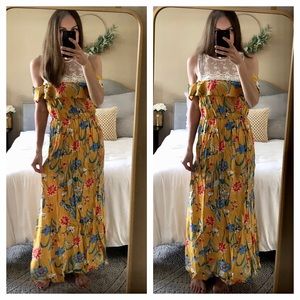SAFFRON BOHO FLORAL RUFFLE MAXI DRESS - MUSTARD